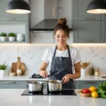 a woman cooking in a kitchen