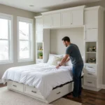 a man standing on a bed
