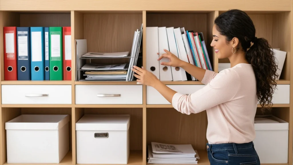Desk Organization Ideas: Transform Your Solo Workspace Into a Productivity Powerhouse 5 a woman looking at a file cabinet