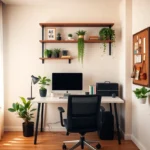 a desk with a computer and plants on the wall