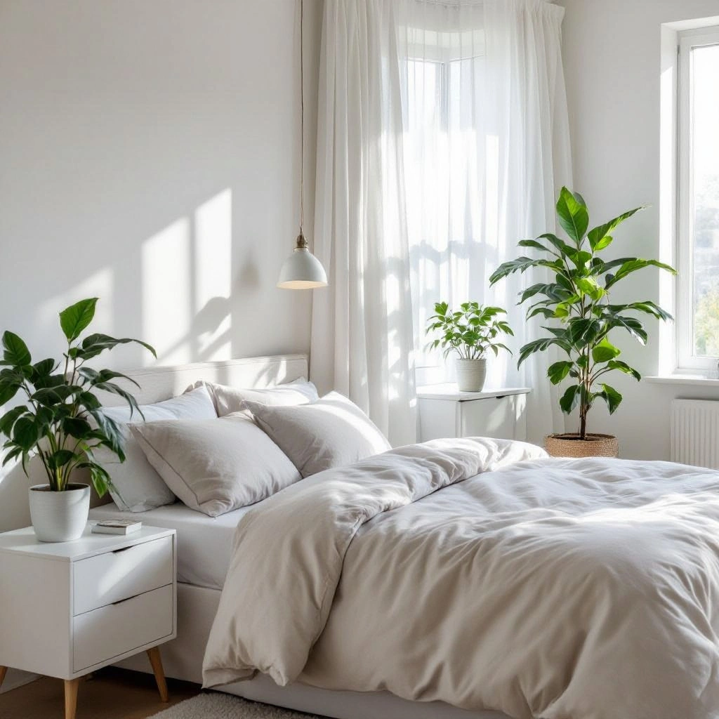 What Self-Care Practices Should I Develop to Thrive While Living Independently? 4 a bedroom with a bed and two potted plants