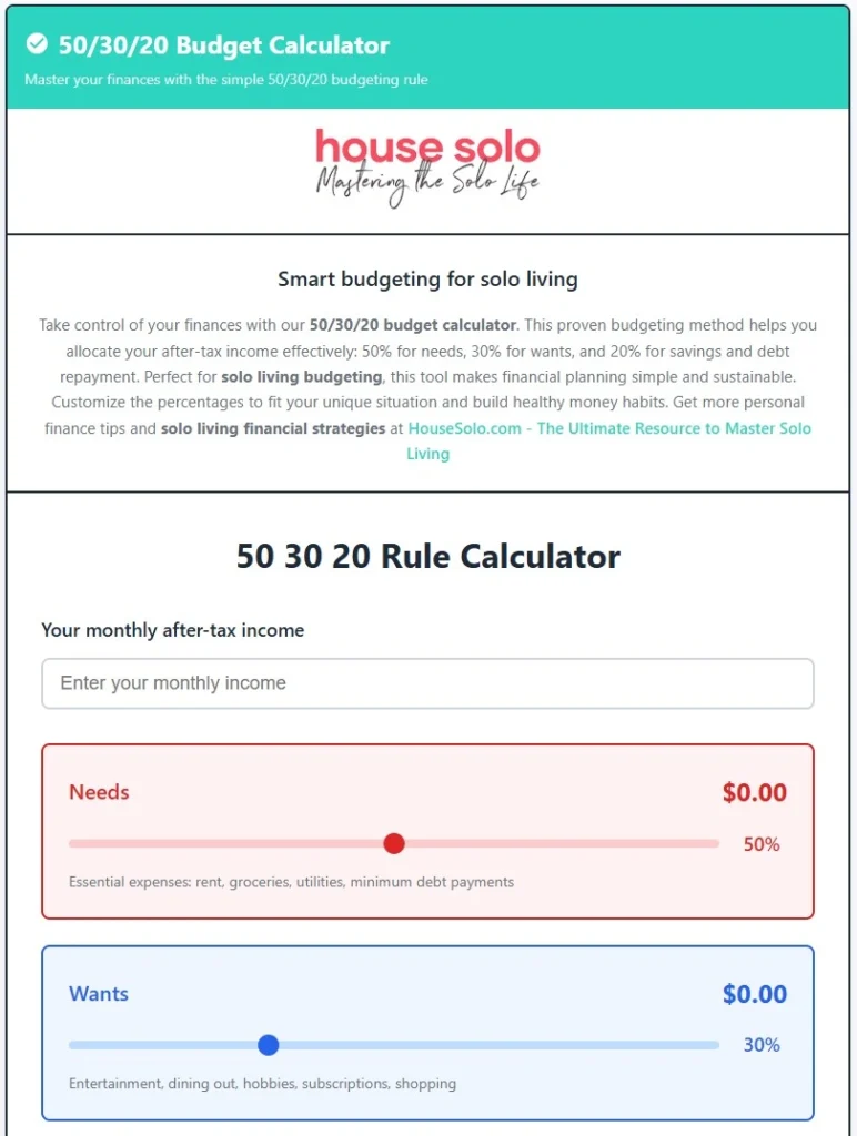 HouseSolo Toolkit 4 50 30 20 rule calculator for single lifestyle